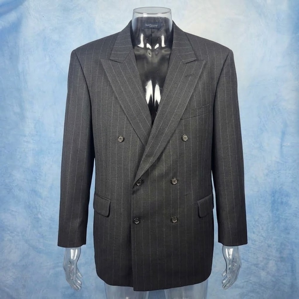 Burberrys Vintage Double Breasted Pinstripe Blazer Super 100s Wool Grey 44R